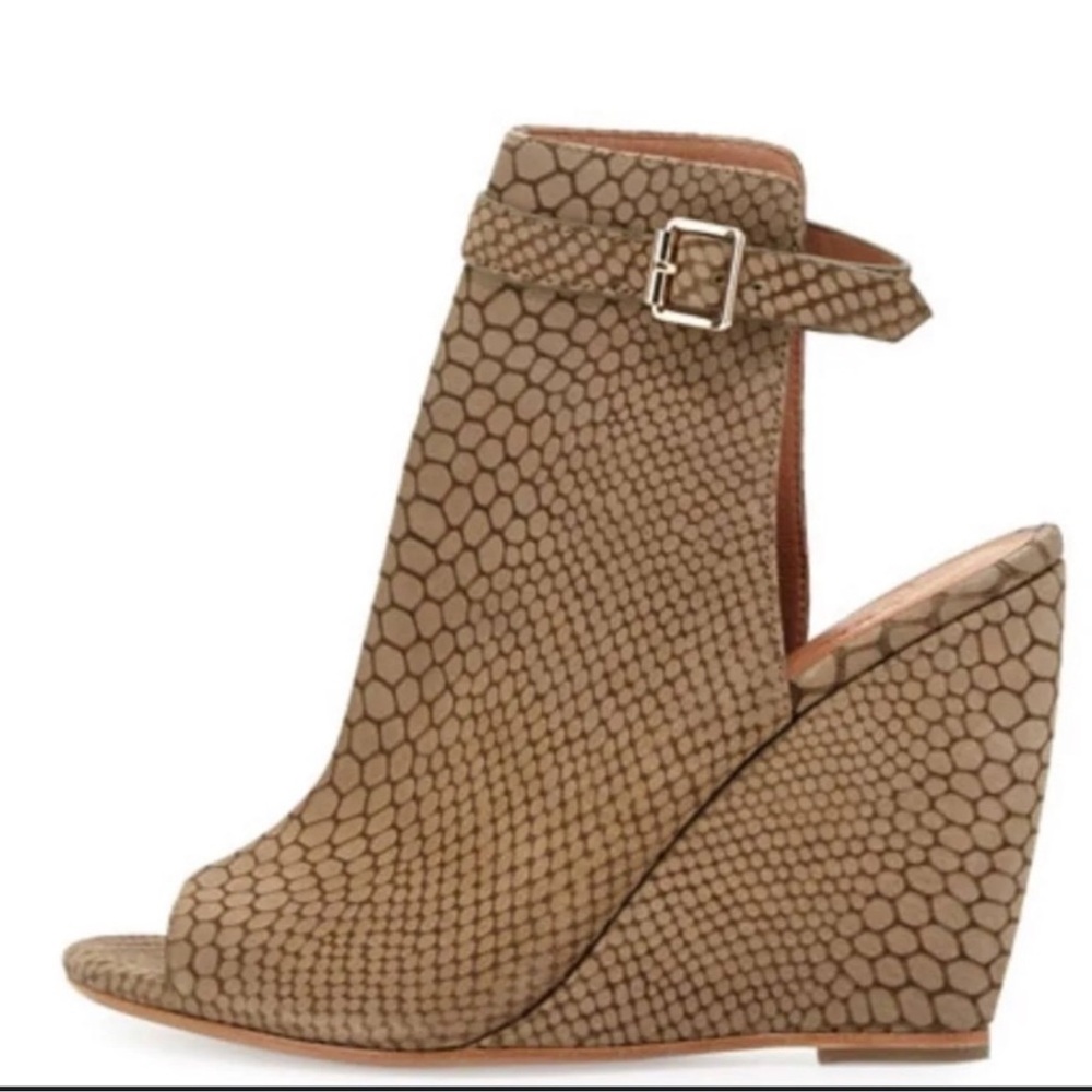 Joie Windsor wedge sandal snake embossed leather textured brown tan ankle strap